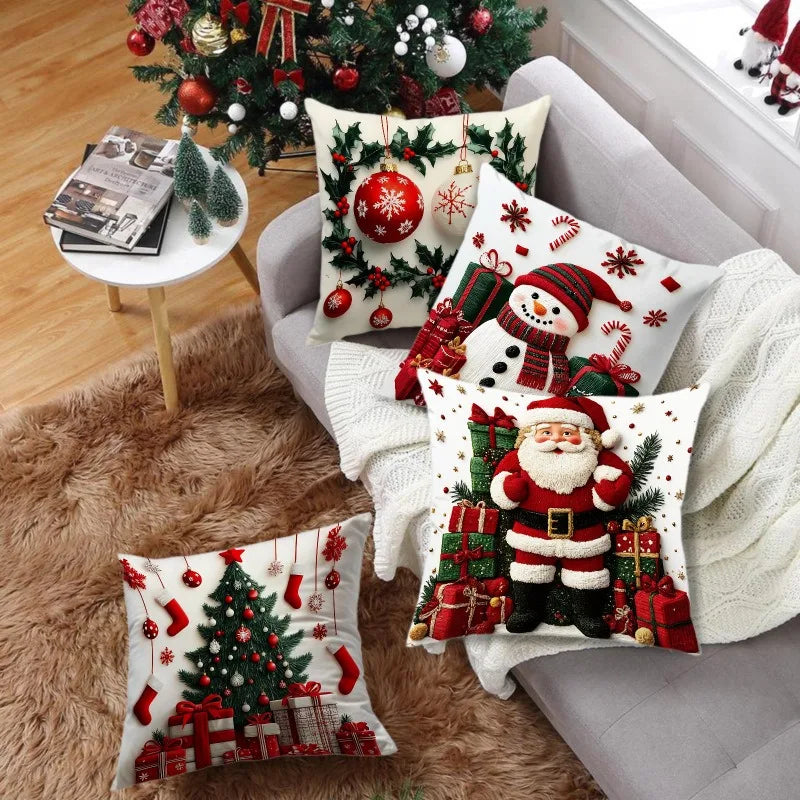45x45cm Linen Plush Cartoon Snowman Print Throw Pillowcase