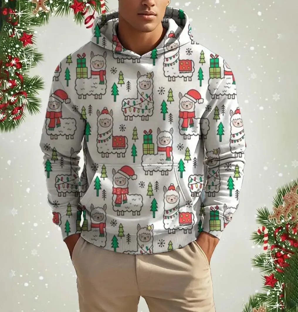 Men's Printed Christmas Hooded Sweatshirt Street Fun Santa Casual