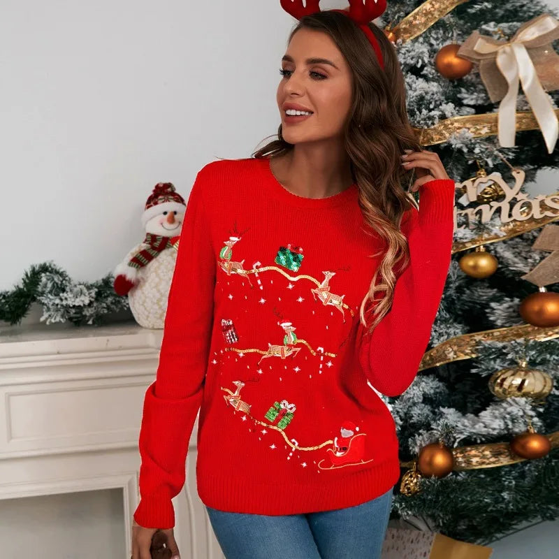 Winter New Deer Embroidery Cute Christmas Knitted Sweater Oversized Sweater
