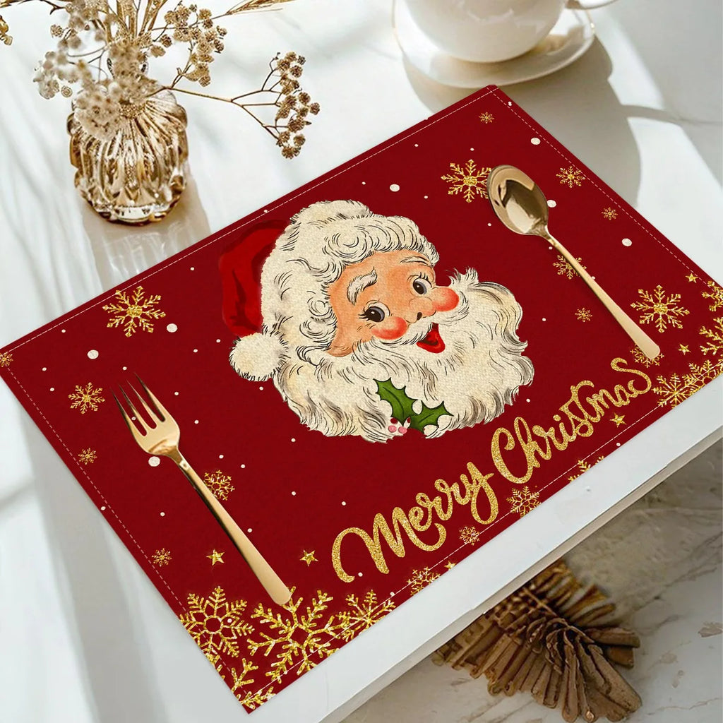1/4pcs Linen Christmas Placemats Santa Claus Printed Christmas Decorations