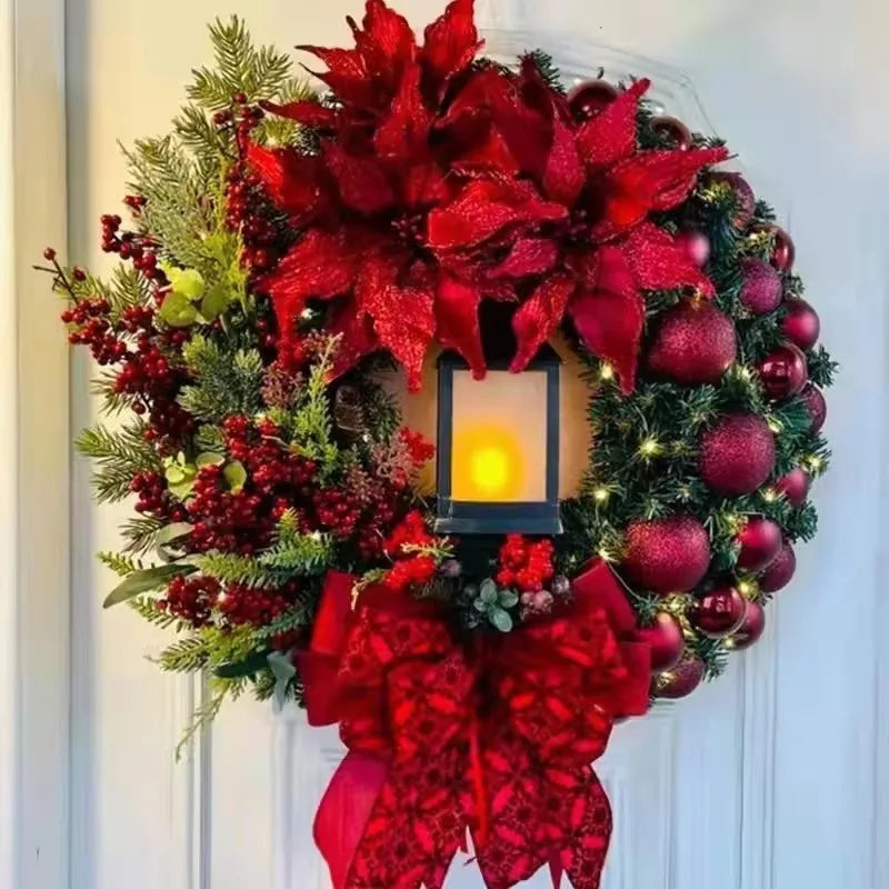 40cm Christmas Wreath With Lantern Front Door