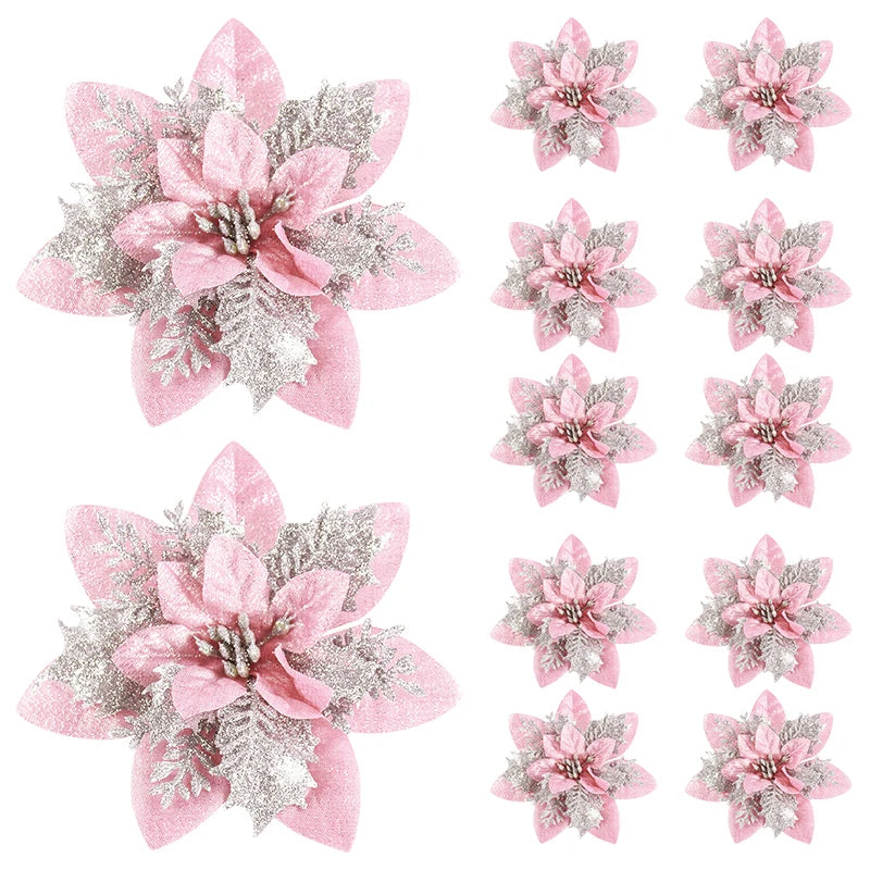 5/10Pcs Glitter Pink Christmas 14cm Artificial Flower