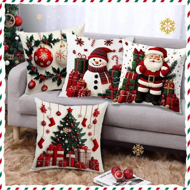 45x45cm Linen Plush Cartoon Snowman Print Throw Pillowcase