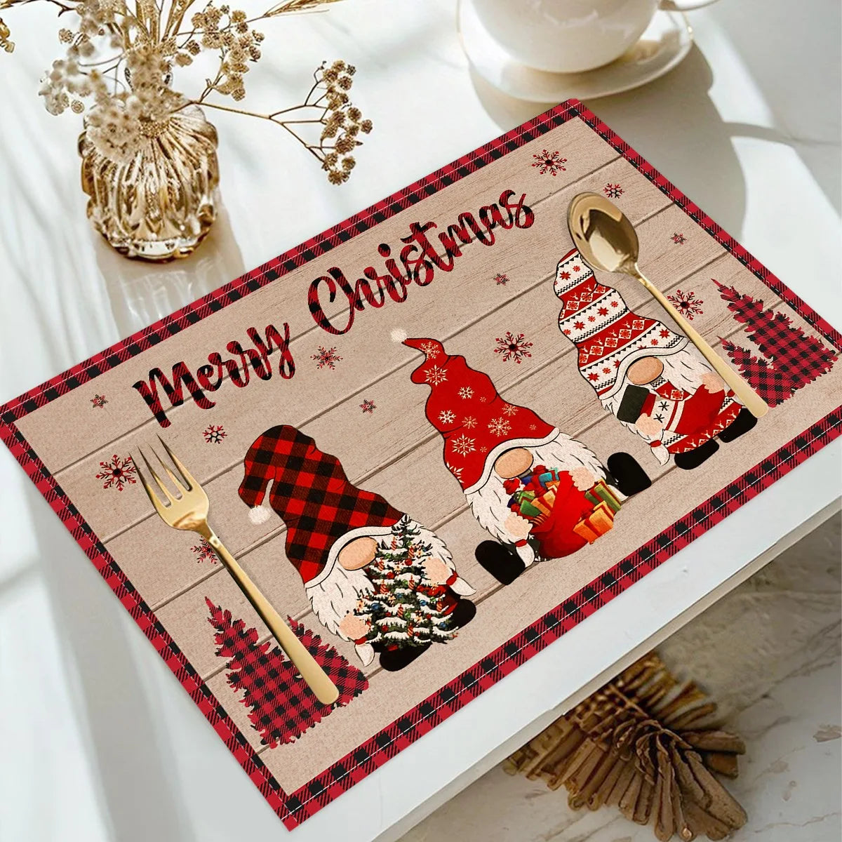 1/4pcs Linen Christmas Placemats Santa Claus Printed Christmas Decorations
