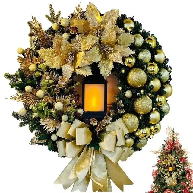 40cm Christmas Wreath With Lantern Front Door