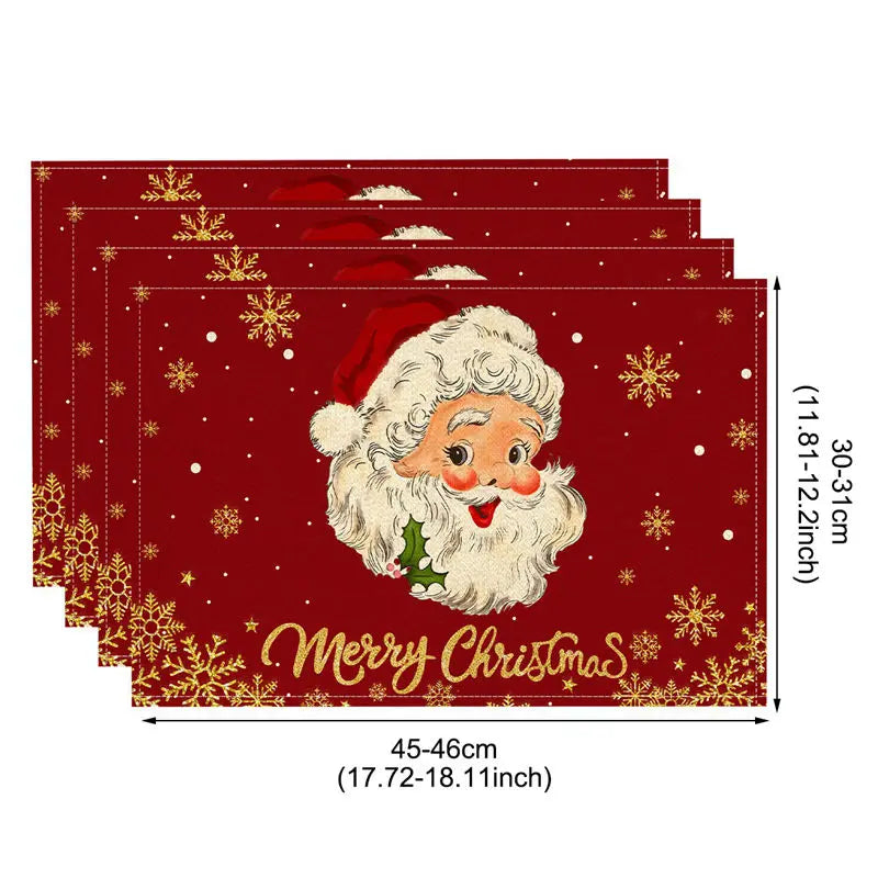 1/4pcs Linen Christmas Placemats Santa Claus Printed Christmas Decorations