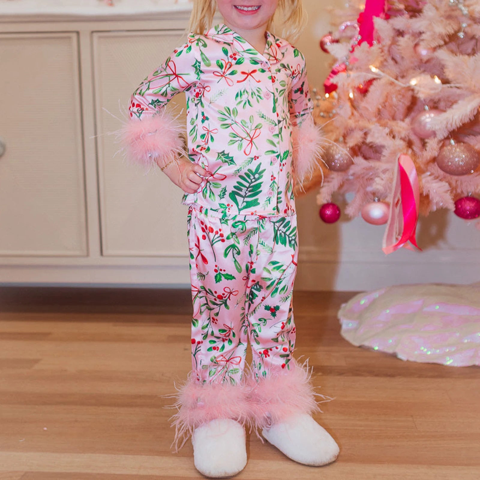 Mommy and Me Matching Pajamas Christmas Feather Trim