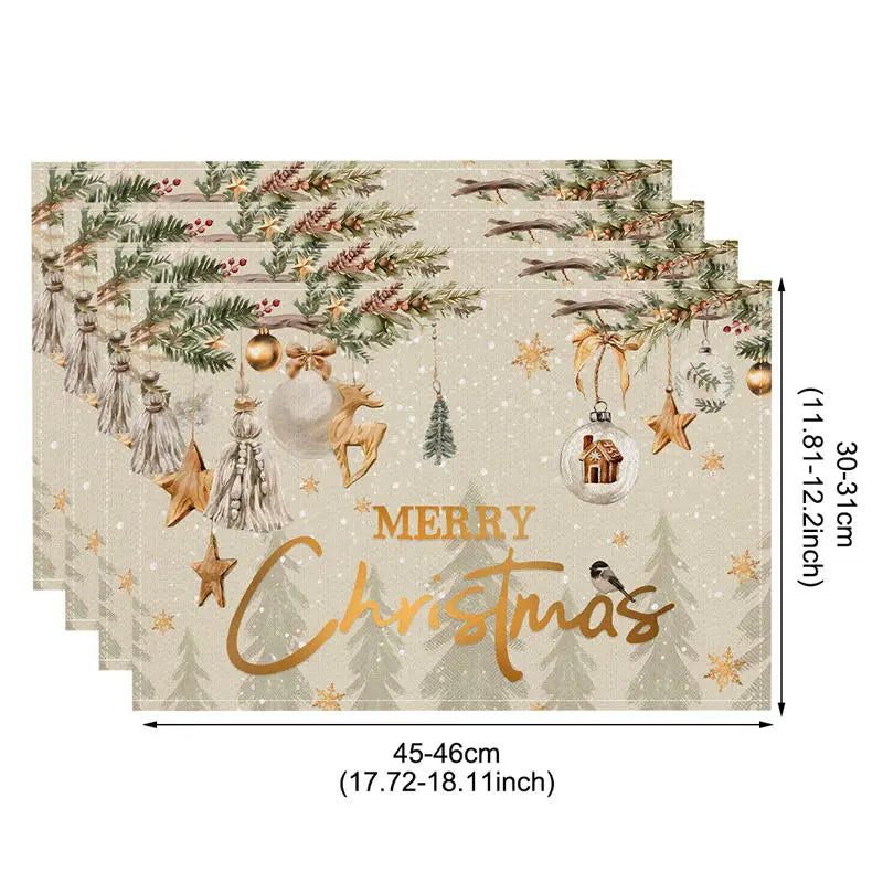 1/4pcs Linen Christmas Placemats Santa Claus Printed Christmas Decorations