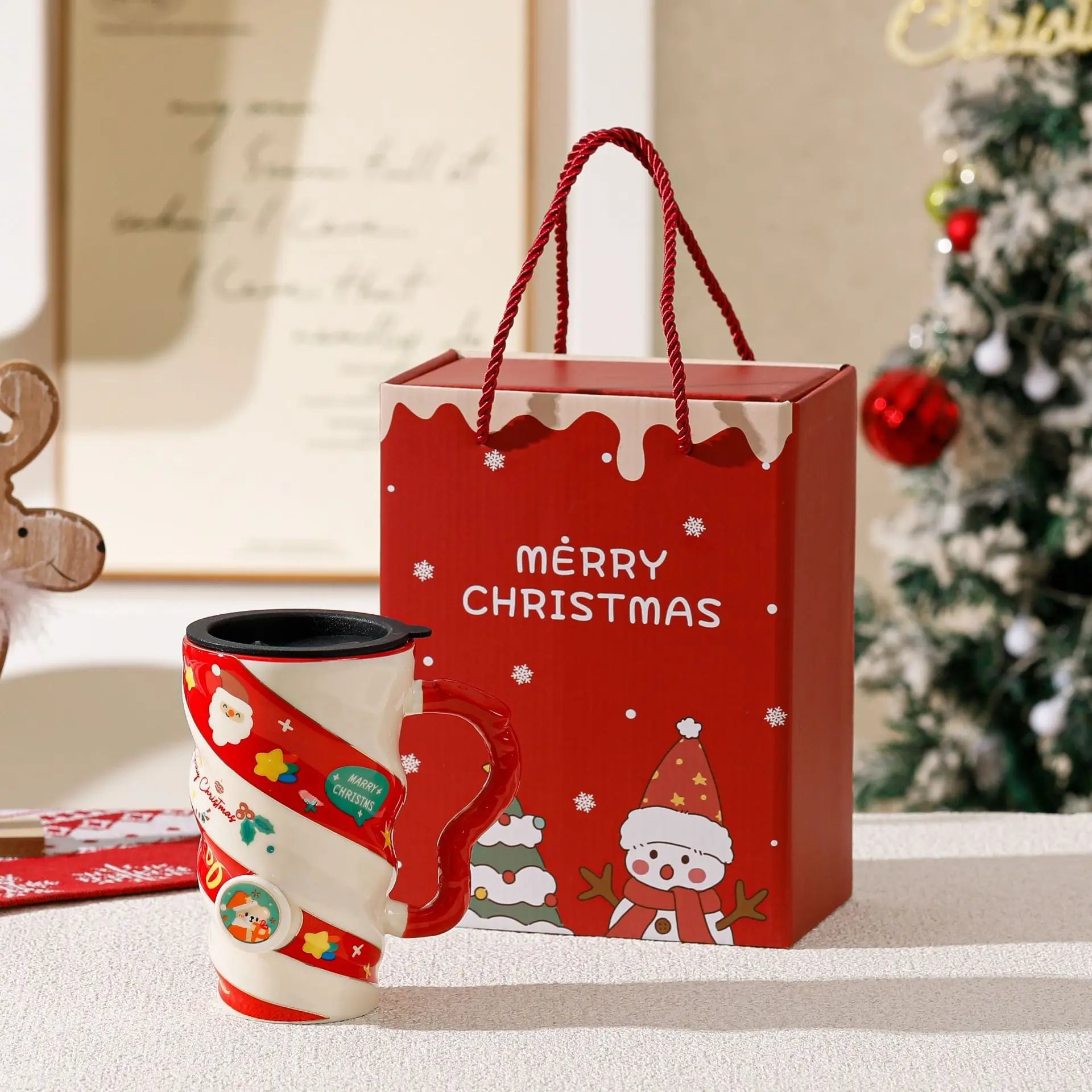 Hot Christmas Threaded Elk Couple Ceramic Mug