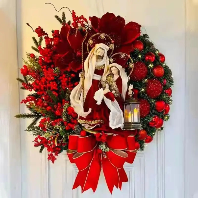 40cm Christmas Wreath With Lantern Front Door