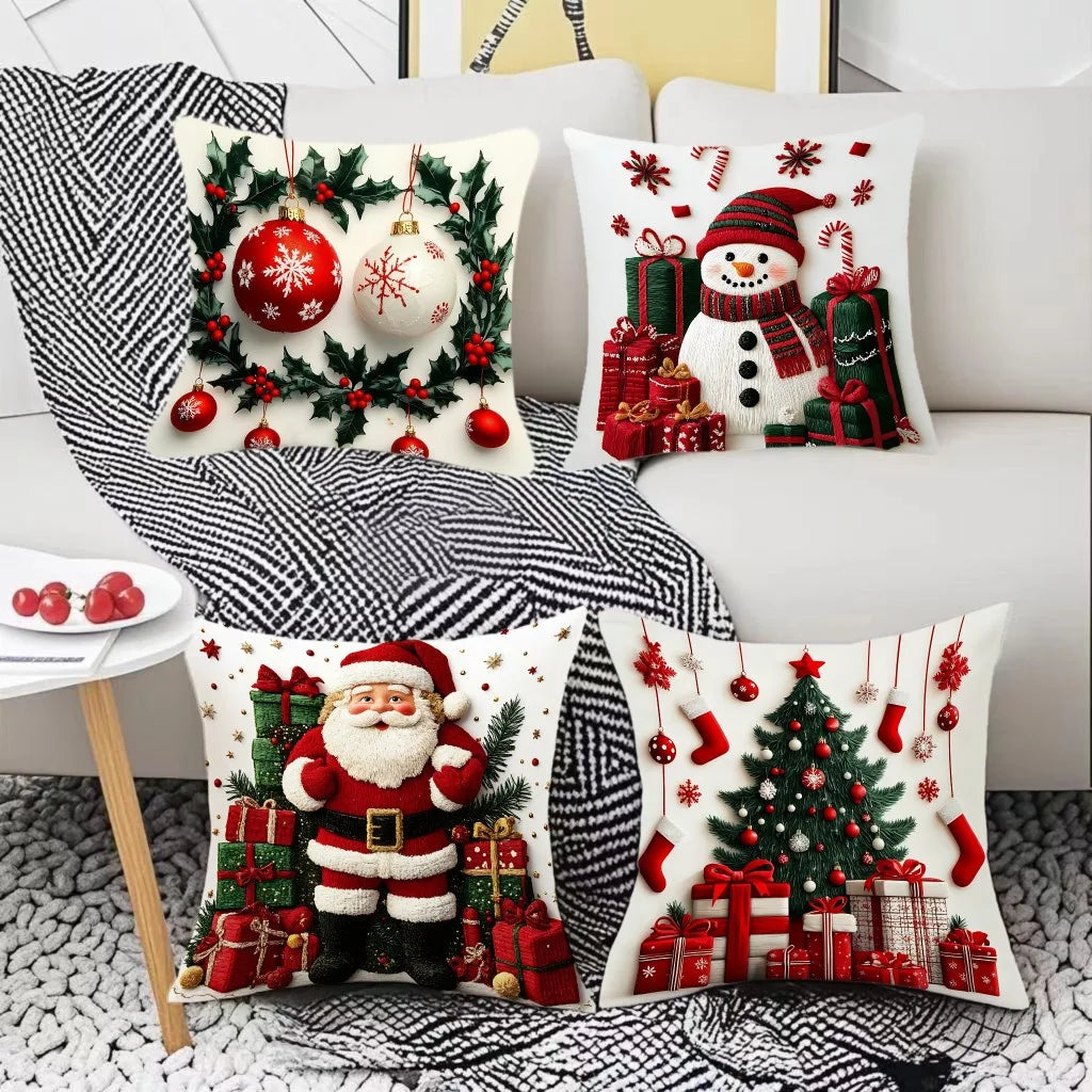 45x45cm Linen Plush Cartoon Snowman Print Throw Pillowcase
