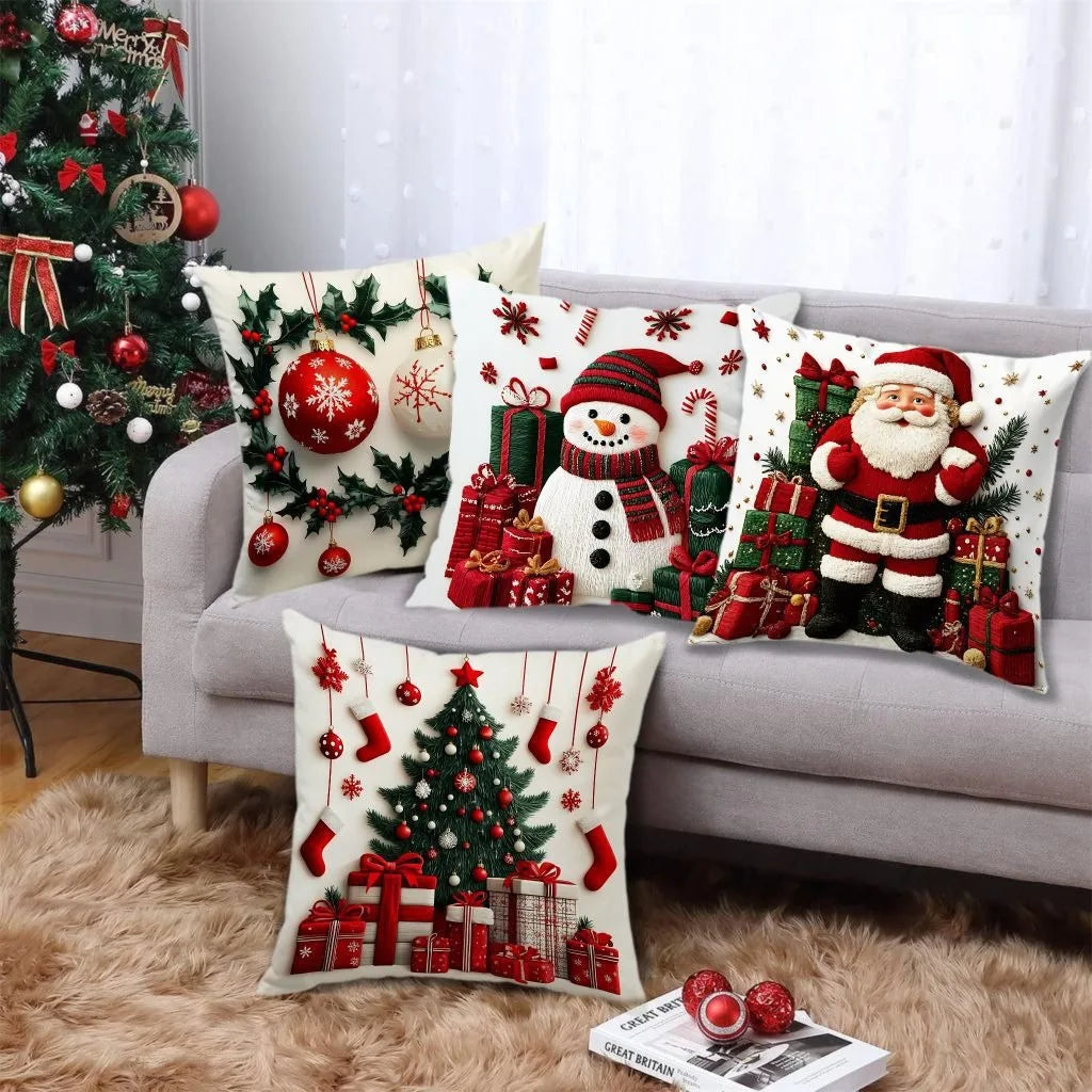 45x45cm Linen Plush Cartoon Snowman Print Throw Pillowcase