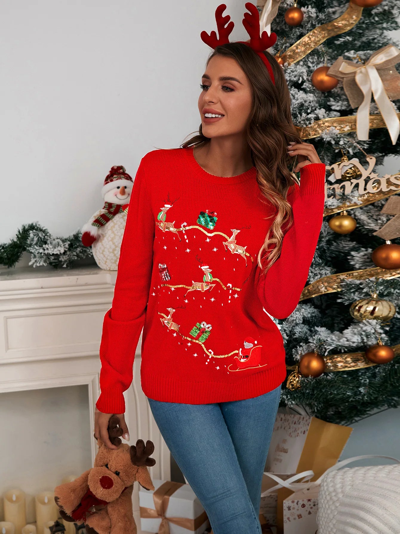 Winter New Deer Embroidery Cute Christmas Knitted Sweater Oversized Sweater