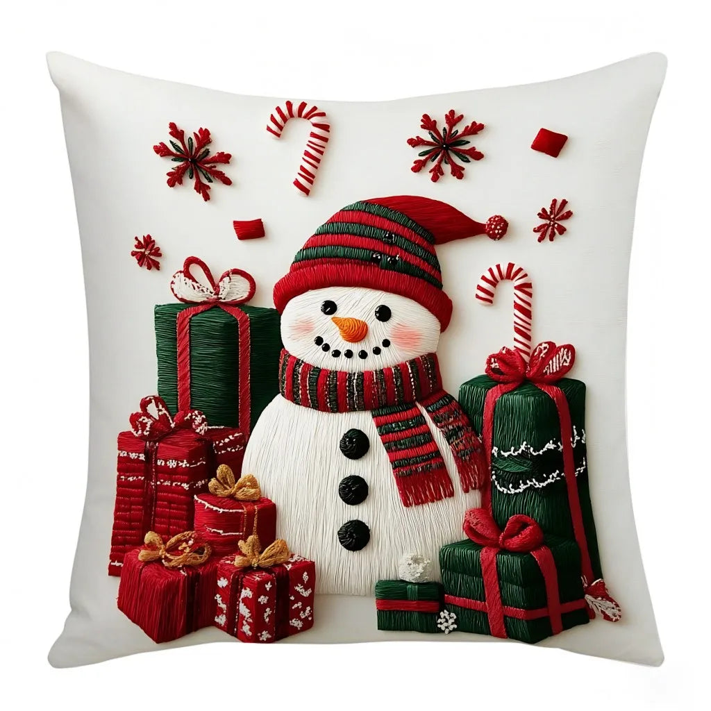 45x45cm Linen Plush Cartoon Snowman Print Throw Pillowcase