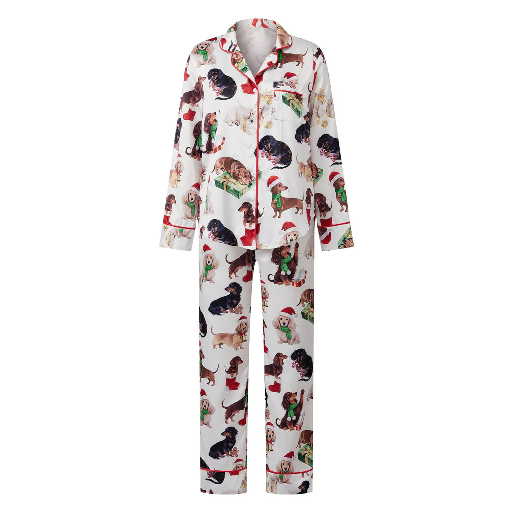 Women Christmas Pajama Set Bow/Dog/Snowman Print