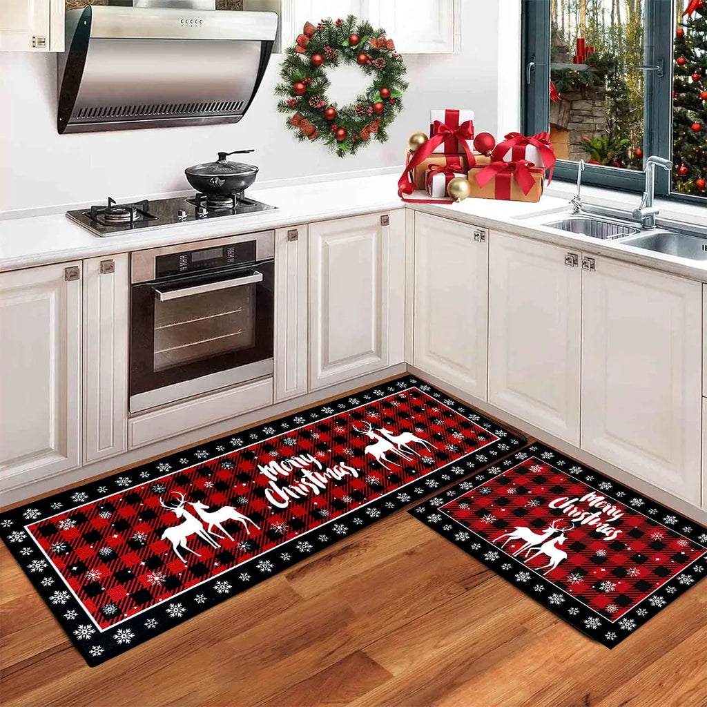 Christmas Kitchen Floor Mats, Plaid Pattern Kitchen Runner Rug