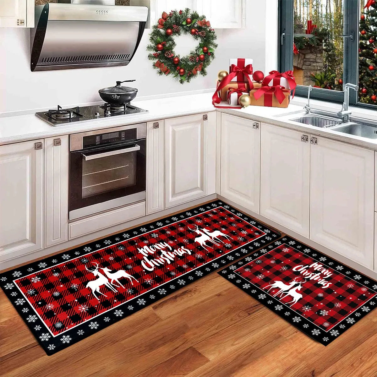 Christmas Kitchen Floor Mats, Plaid Pattern Kitchen Runner Rug