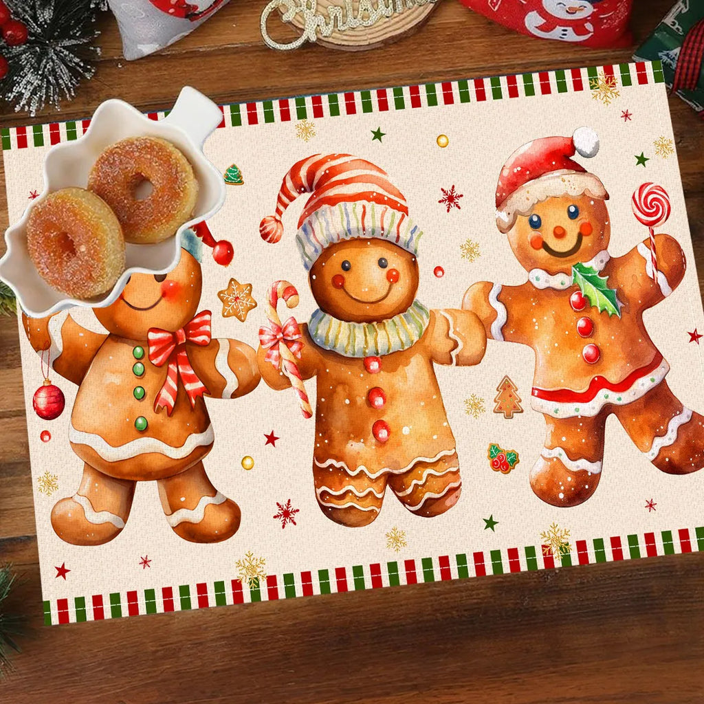 1/4pcs Linen Christmas Placemats Santa Claus Printed Christmas Decorations