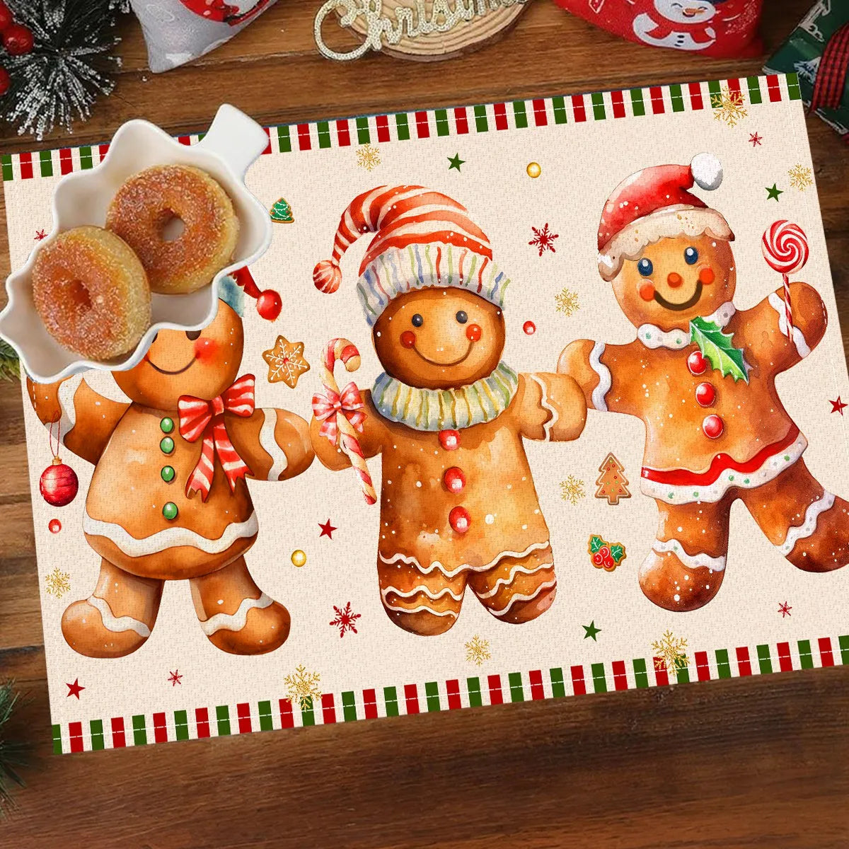 1/4pcs Linen Christmas Placemats Santa Claus Printed Christmas Decorations