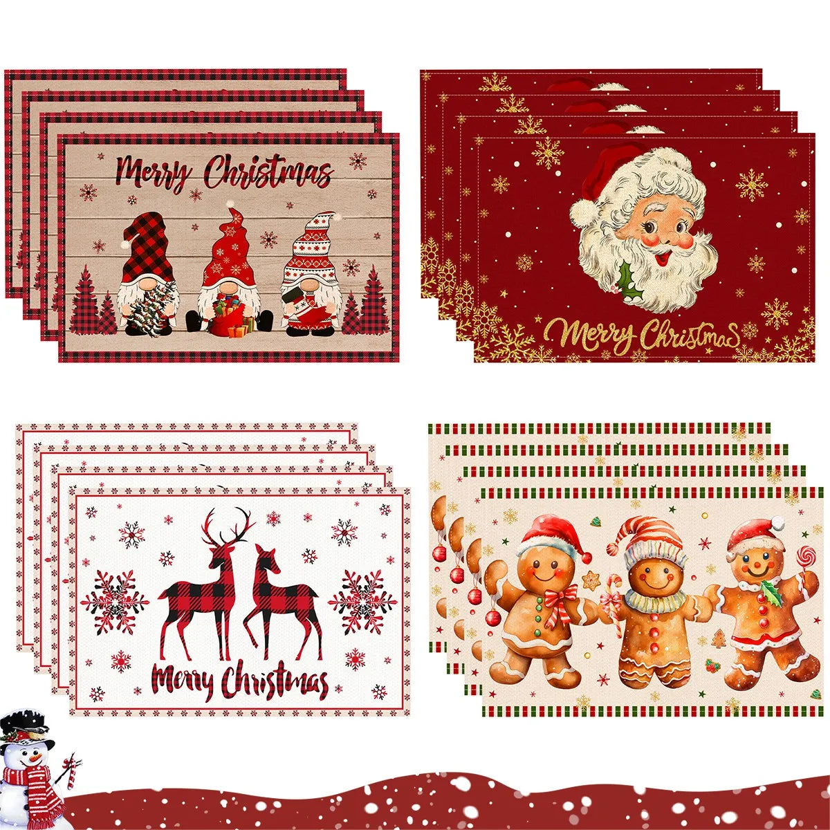 1/4pcs Linen Christmas Placemats Santa Claus Printed Christmas Decorations
