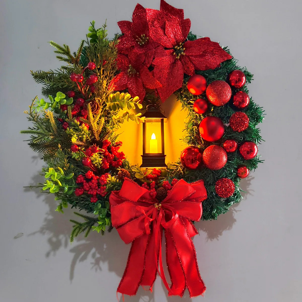 45cm Red Wreath With Lamp For Front Door