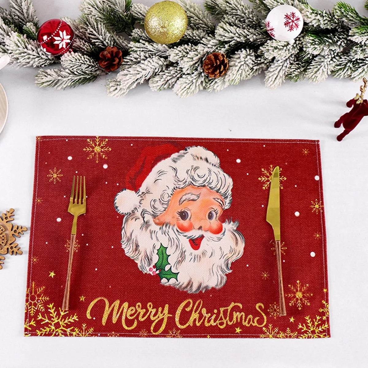 1/4pcs Linen Christmas Placemats Santa Claus Printed Christmas Decorations