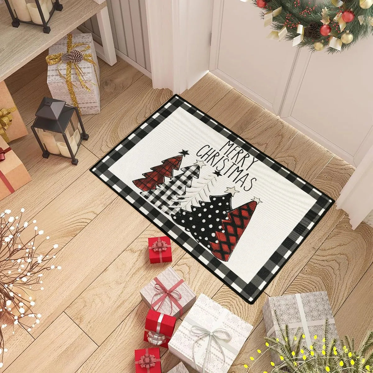 Christmas Kitchen Floor Mats, Plaid Pattern Kitchen Runner Rug