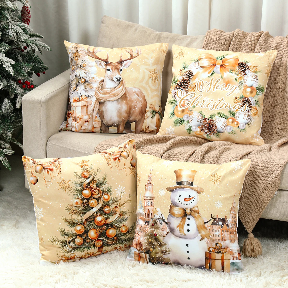 4pcs Merry Christmas Cushion Cover Home Decorations