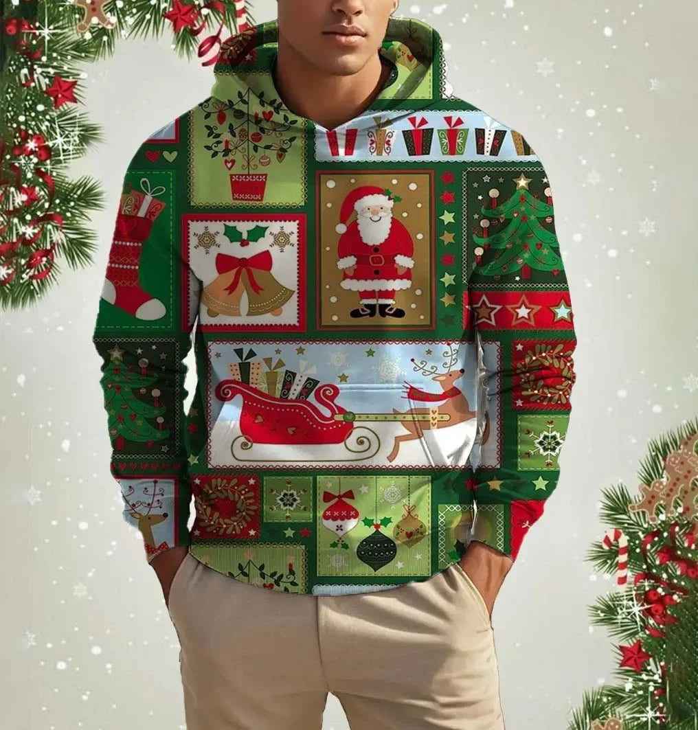 Men's Printed Christmas Hooded Sweatshirt Street Fun Santa Casual