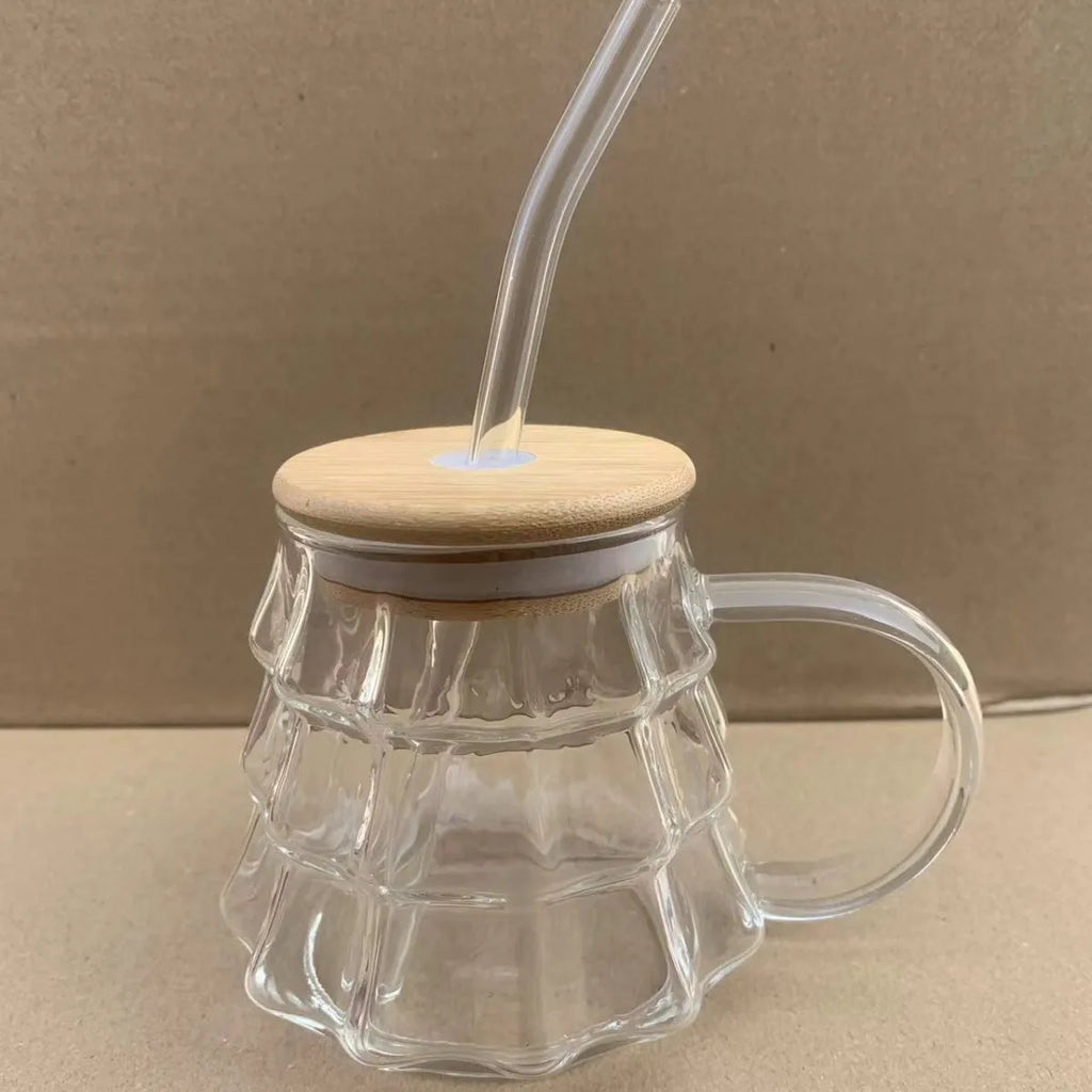 Christmas Tree Glass Coffee Mug with Straw and Lid Heat Resistant