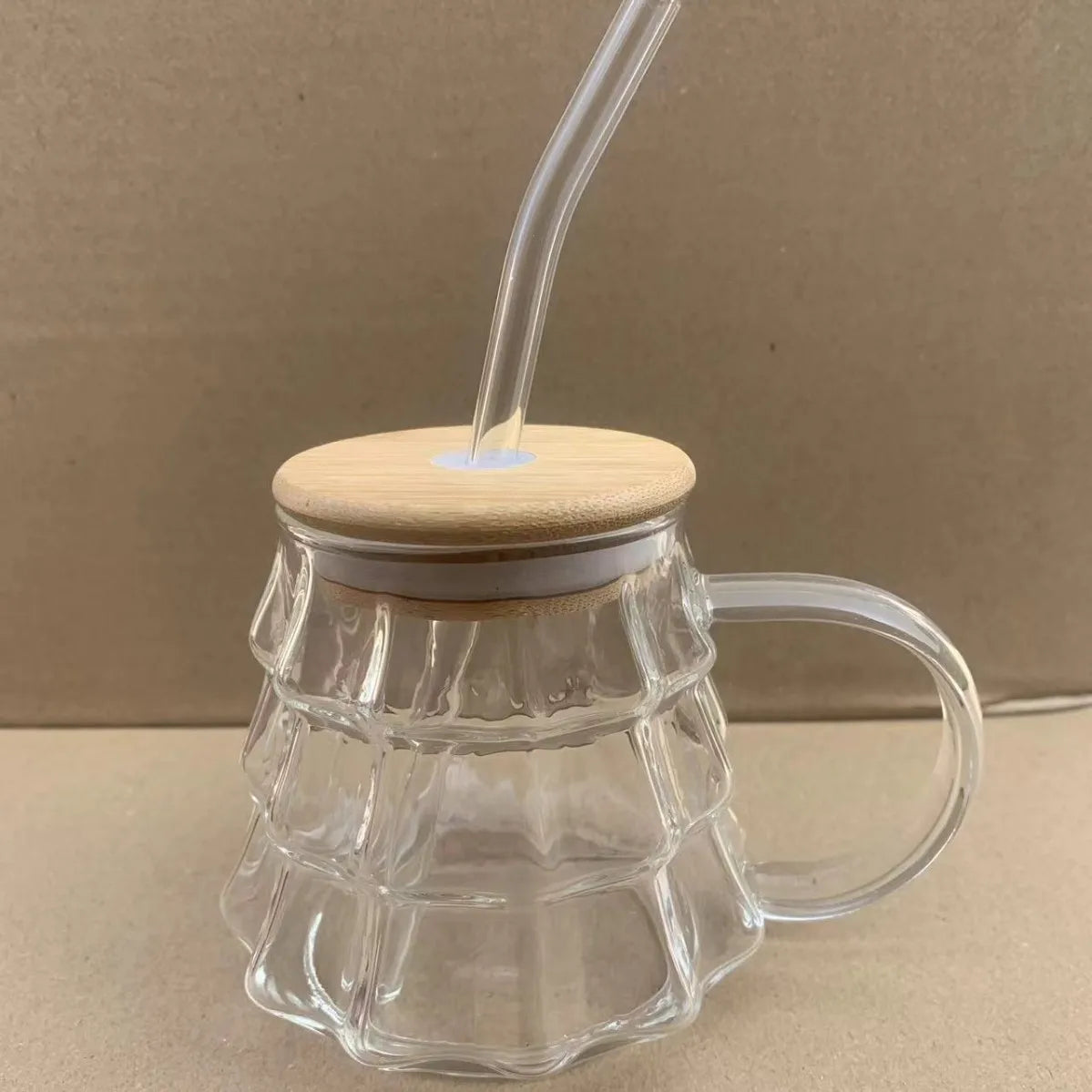 Christmas Tree Glass Coffee Mug with Straw and Lid Heat Resistant