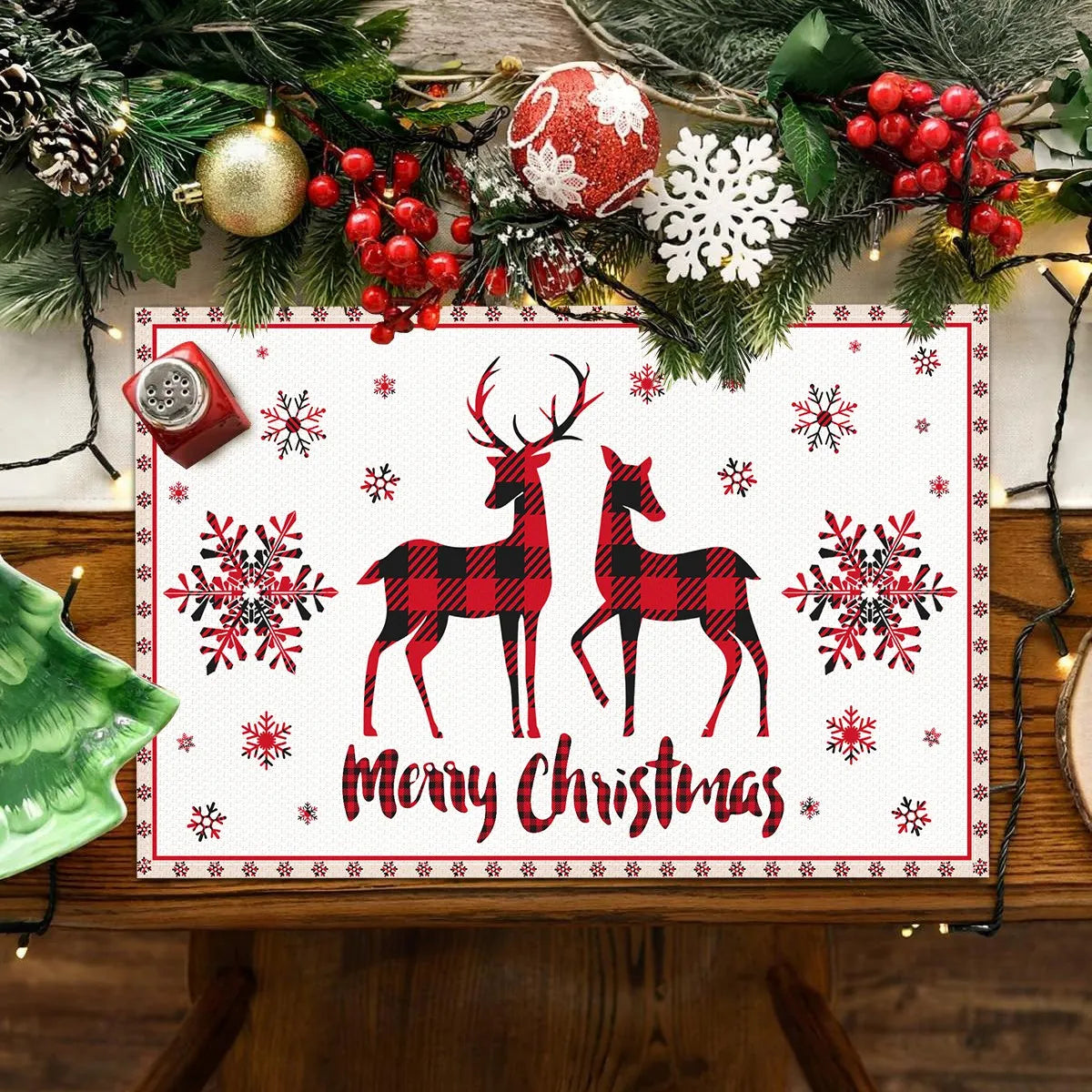 1/4pcs Linen Christmas Placemats Santa Claus Printed Christmas Decorations